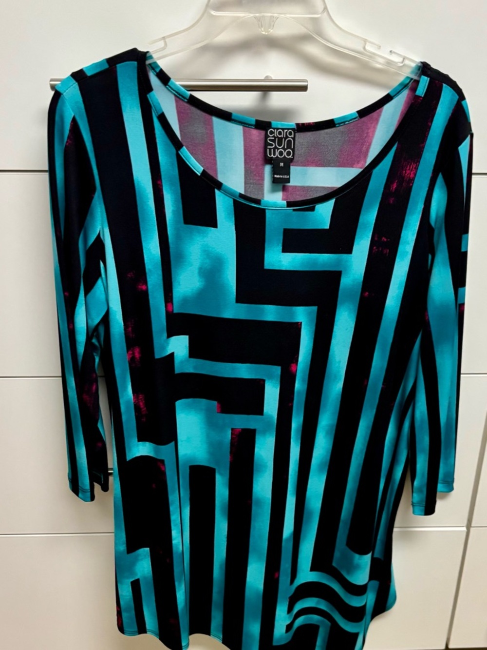 Clara Sun Woo Teal & Black Geometric Scoop-Neck Long Sleeve Top